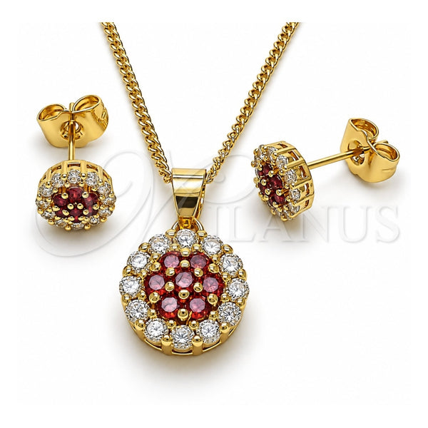 Juego de Arete y Dije de Adulto 10.344.0009.3 Oro Laminado, con Zirconia Cubica Granate y Blanca, Pulido, Tono Dorado