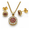 Juego de Arete y Dije de Adulto 10.344.0009.3 Oro Laminado, con Zirconia Cubica Granate y Blanca, Pulido, Tono Dorado