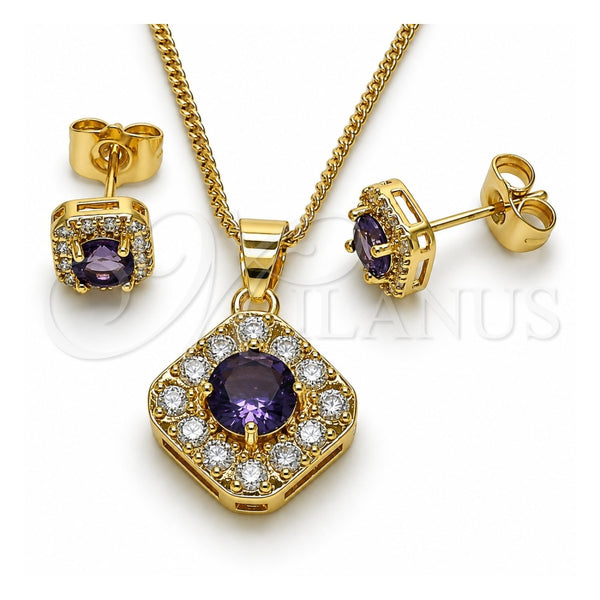 Juego de Arete y Dije de Adulto 10.344.0016.4 Oro Laminado, Diseño de Cluster, con Zirconia Cubica Amatista y Micro Pave Blanca, Pulido, Tono Dorado