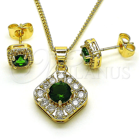 Juego de Arete y Dije de Adulto 10.344.0016.5 Oro Laminado, Diseño de Cluster, con Verde Zirconia Cubica and Blanca Micro Pave, Pulido, Tono Dorado
