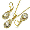 Juego de Arete y Dije de Adulto 10.351.0018 Oro Laminado, Diseño de Gota, con Blanca Cristal, Pulido, Tono Dorado