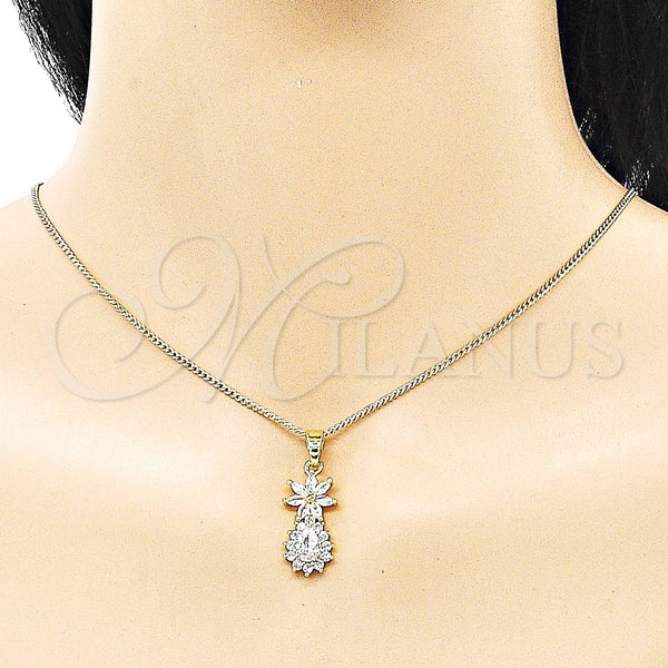 Juego de Arete y Dije de Adulto 10.316.0065 Oro Laminado, Diseño de Flor y Gota, con Blanca Zirconia Cubica, Pulido, Tono Dorado