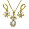 Juego de Arete y Dije de Adulto 10.316.0065 Oro Laminado, Diseño de Flor y Gota, con Blanca Zirconia Cubica, Pulido, Tono Dorado