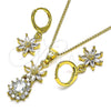Juego de Arete y Dije de Adulto 10.316.0065 Oro Laminado, Diseño de Flor y Gota, con Blanca Zirconia Cubica, Pulido, Tono Dorado