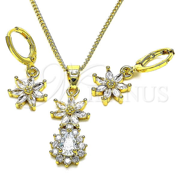 Juego de Arete y Dije de Adulto 10.316.0065 Oro Laminado, Diseño de Flor y Gota, con Blanca Zirconia Cubica, Pulido, Tono Dorado