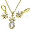 Juego de Arete y Dije de Adulto 10.316.0065 Oro Laminado, Diseño de Flor y Gota, con Blanca Zirconia Cubica, Pulido, Tono Dorado