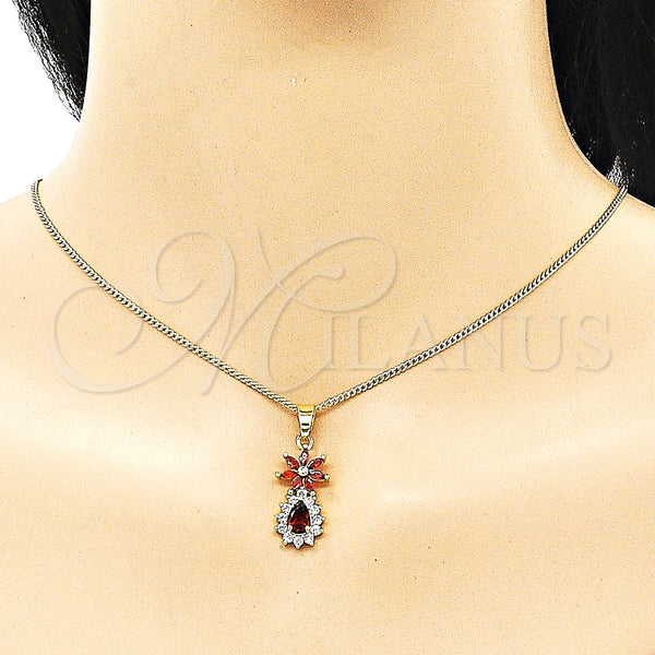 Juego de Arete y Dije de Adulto 10.316.0065.1 Oro Laminado, Diseño de Flor y Gota, con Granate and Blanca Zirconia Cubica, Pulido, Tono Dorado