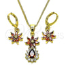 Juego de Arete y Dije de Adulto 10.316.0065.1 Oro Laminado, Diseño de Flor y Gota, con Granate and Blanca Zirconia Cubica, Pulido, Tono Dorado