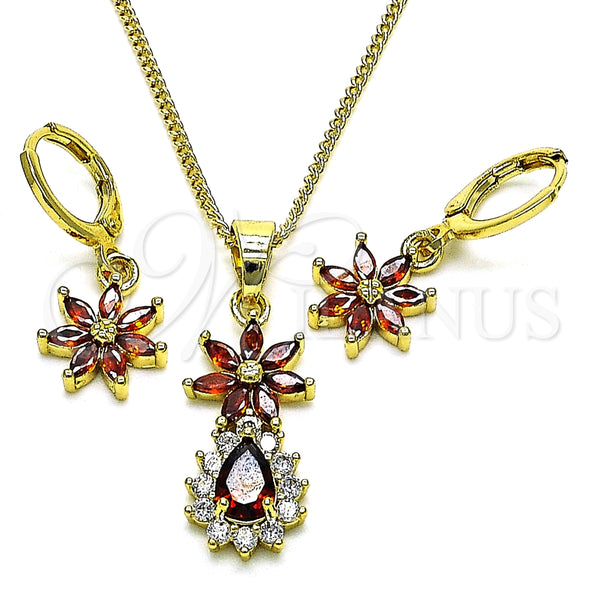 Juego de Arete y Dije de Adulto 10.316.0065.1 Oro Laminado, Diseño de Flor y Gota, con Granate and Blanca Zirconia Cubica, Pulido, Tono Dorado