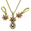 Juego de Arete y Dije de Adulto 10.316.0065.1 Oro Laminado, Diseño de Flor y Gota, con Granate and Blanca Zirconia Cubica, Pulido, Tono Dorado