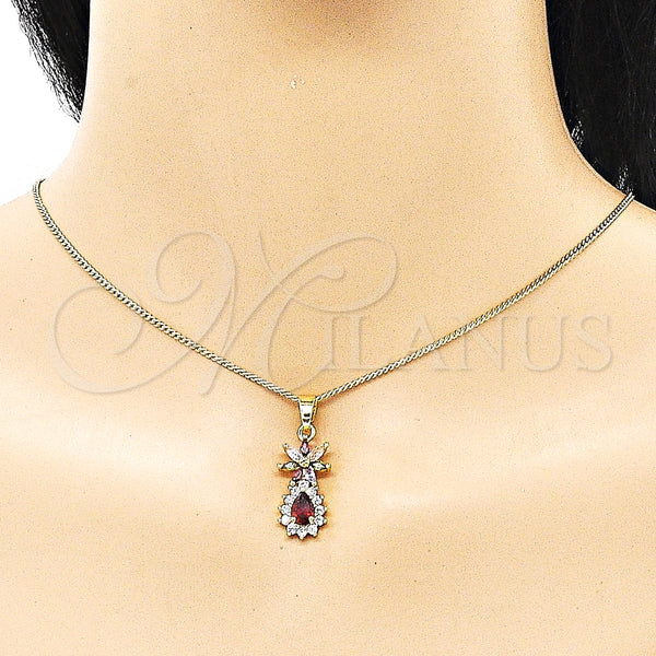 Juego de Arete y Dije de Adulto 10.316.0065.2 Oro Laminado, Diseño de Flor y Gota, con Multicolor and Blanca Zirconia Cubica, Pulido, Tono Dorado