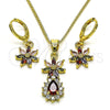 Juego de Arete y Dije de Adulto 10.316.0065.2 Oro Laminado, Diseño de Flor y Gota, con Multicolor and Blanca Zirconia Cubica, Pulido, Tono Dorado