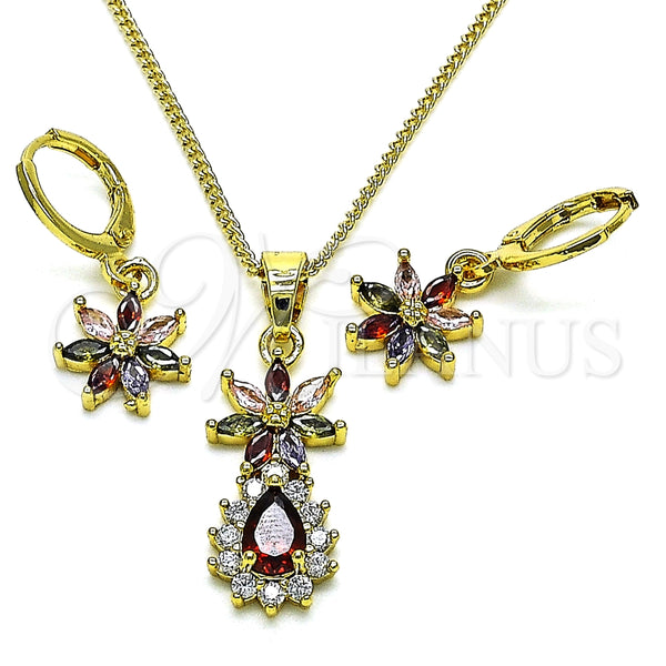 Juego de Arete y Dije de Adulto 10.316.0065.2 Oro Laminado, Diseño de Flor y Gota, con Multicolor and Blanca Zirconia Cubica, Pulido, Tono Dorado