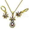 Juego de Arete y Dije de Adulto 10.316.0065.2 Oro Laminado, Diseño de Flor y Gota, con Multicolor and Blanca Zirconia Cubica, Pulido, Tono Dorado