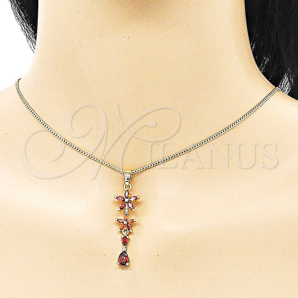 Juego de Arete y Dije de Adulto 10.316.0067.1 Oro Laminado, Diseño de Flor y Gota, con Granate Zirconia Cubica, Pulido, Tono Dorado