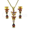 Juego de Arete y Dije de Adulto 10.316.0067.1 Oro Laminado, Diseño de Flor y Gota, con Granate Zirconia Cubica, Pulido, Tono Dorado