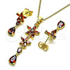 Juego de Arete y Dije de Adulto 10.316.0067.1 Oro Laminado, Diseño de Flor y Gota, con Granate Zirconia Cubica, Pulido, Tono Dorado