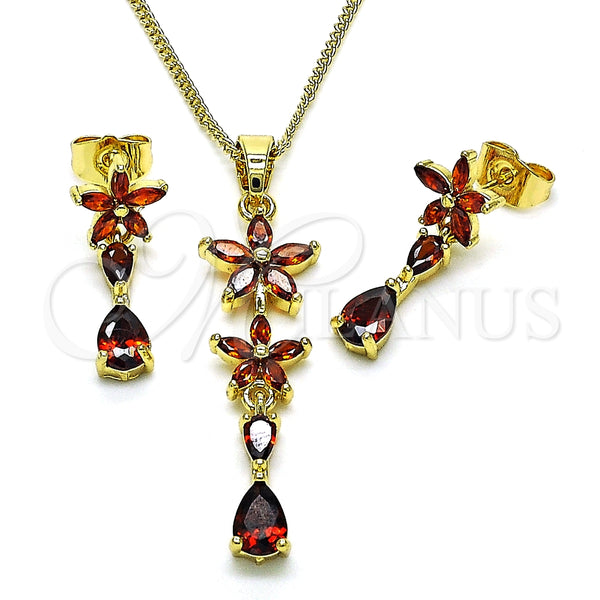 Juego de Arete y Dije de Adulto 10.316.0067.1 Oro Laminado, Diseño de Flor y Gota, con Granate Zirconia Cubica, Pulido, Tono Dorado