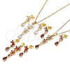 Juego de Arete y Dije de Adulto 10.316.0067.1 Oro Laminado, Diseño de Flor y Gota, con Granate Zirconia Cubica, Pulido, Tono Dorado
