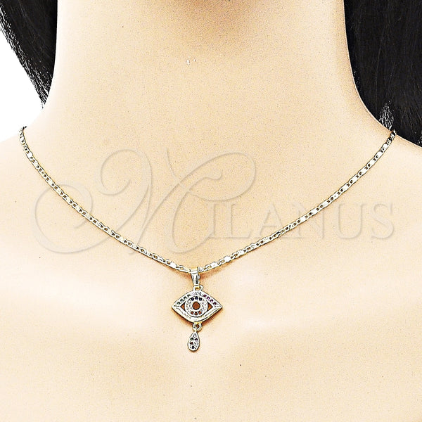 Juego de Arete y Dije de Adulto 10.196.0013 Oro Laminado, Diseño de Ojo Griego y Gota, con Multicolor Micro Pave, Pulido, Tono Dorado
