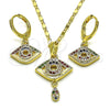 Juego de Arete y Dije de Adulto 10.196.0013 Oro Laminado, Diseño de Ojo Griego y Gota, con Multicolor Micro Pave, Pulido, Tono Dorado