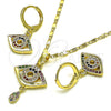 Juego de Arete y Dije de Adulto 10.196.0013 Oro Laminado, Diseño de Ojo Griego y Gota, con Multicolor Micro Pave, Pulido, Tono Dorado