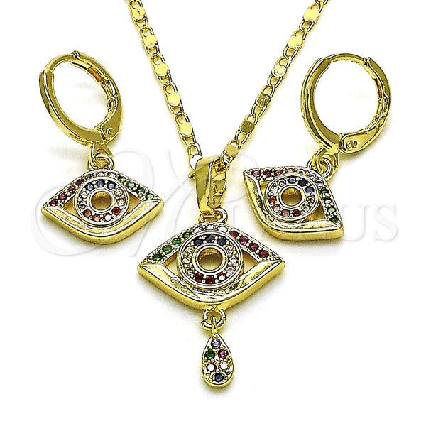 Juego de Arete y Dije de Adulto 10.196.0013 Oro Laminado, Diseño de Ojo Griego y Gota, con Multicolor Micro Pave, Pulido, Tono Dorado