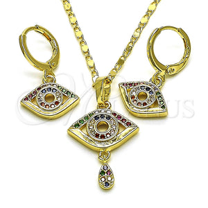 Juego de Arete y Dije de Adulto 10.196.0013 Oro Laminado, Diseño de Ojo Griego y Gota, con Multicolor Micro Pave, Pulido, Tono Dorado