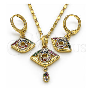 Juego de Arete y Dije de Adulto 10.196.0013 Oro Laminado, Diseño de Ojo Griego y Gota, con Multicolor Micro Pave, Pulido, Tono Dorado