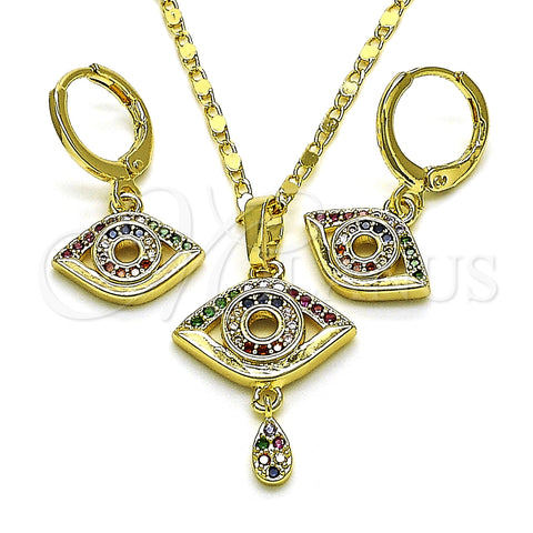 Juego de Arete y Dije de Adulto 10.196.0013 Oro Laminado, Diseño de Ojo Griego y Gota, con Multicolor Micro Pave, Pulido, Tono Dorado