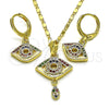 Juego de Arete y Dije de Adulto 10.196.0013 Oro Laminado, Diseño de Ojo Griego y Gota, con Multicolor Micro Pave, Pulido, Tono Dorado