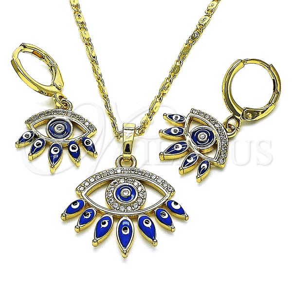 Juego de Arete y Dije de Adulto 10.196.0020 Oro Laminado, Diseño de Ojo Griego, con Blanca Micro Pave, Esmaltado Azul, Tono Dorado