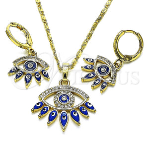 Juego de Arete y Dije de Adulto 10.196.0020 Oro Laminado, Diseño de Ojo Griego, con Blanca Micro Pave, Esmaltado Azul, Tono Dorado