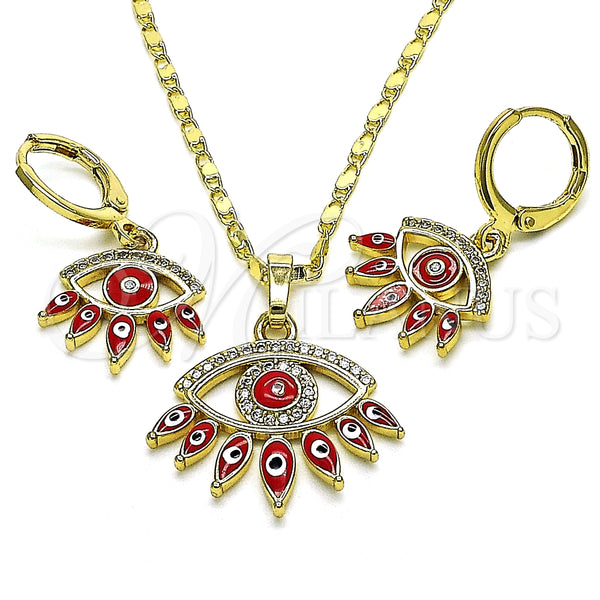 Juego de Arete y Dije de Adulto 10.196.0020.1 Oro Laminado, Diseño de Ojo Griego, con Blanca Micro Pave, Esmaltado Rojo, Tono Dorado
