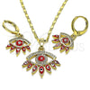 Juego de Arete y Dije de Adulto 10.196.0020.1 Oro Laminado, Diseño de Ojo Griego, con Blanca Micro Pave, Esmaltado Rojo, Tono Dorado