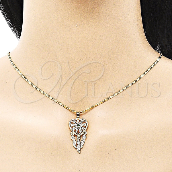 Juego de Arete y Dije de Adulto 10.196.0023 Oro Laminado, Diseño de Corazón y Flor, con Verde and Blanca Zirconia Cubica, Pulido, Tono Dorado