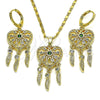Juego de Arete y Dije de Adulto 10.196.0023 Oro Laminado, Diseño de Corazón y Flor, con Verde and Blanca Zirconia Cubica, Pulido, Tono Dorado