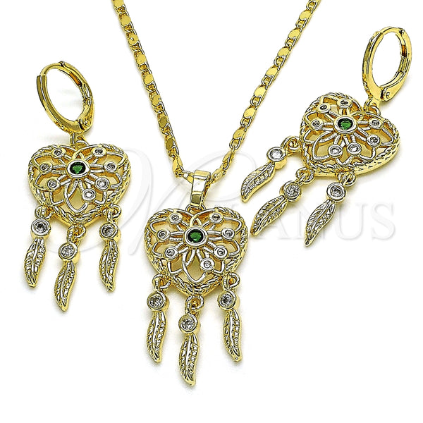 Juego de Arete y Dije de Adulto 10.196.0023 Oro Laminado, Diseño de Corazón y Flor, con Verde and Blanca Zirconia Cubica, Pulido, Tono Dorado
