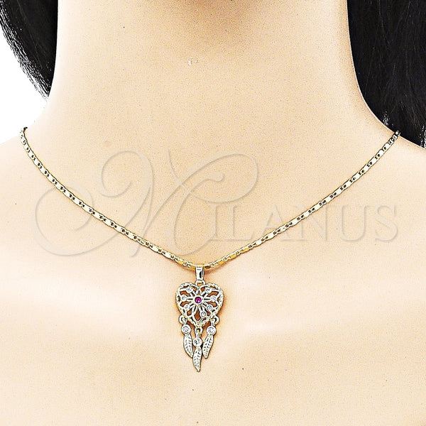 Juego de Arete y Dije de Adulto 10.196.0023.1 Oro Laminado, Diseño de Corazón y Flor, con Rubi and Blanca Zirconia Cubica, Pulido, Tono Dorado