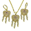 Juego de Arete y Dije de Adulto 10.196.0023.1 Oro Laminado, Diseño de Corazón y Flor, con Rubi and Blanca Zirconia Cubica, Pulido, Tono Dorado