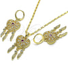 Juego de Arete y Dije de Adulto 10.196.0023.1 Oro Laminado, Diseño de Corazón y Flor, con Rubi and Blanca Zirconia Cubica, Pulido, Tono Dorado
