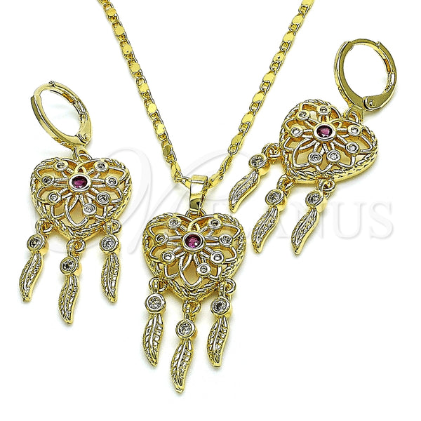 Juego de Arete y Dije de Adulto 10.196.0023.1 Oro Laminado, Diseño de Corazón y Flor, con Rubi and Blanca Zirconia Cubica, Pulido, Tono Dorado