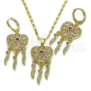 Juego de Arete y Dije de Adulto 10.196.0023.1 Oro Laminado, Diseño de Corazón y Flor, con Rubi and Blanca Zirconia Cubica, Pulido, Tono Dorado