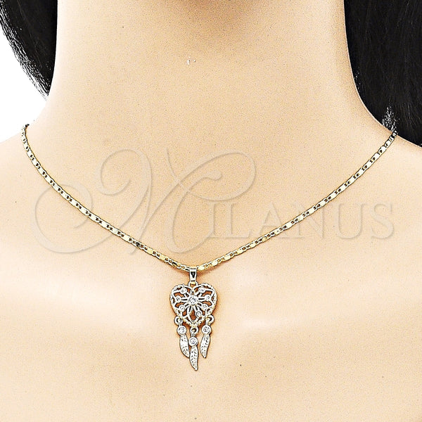 Juego de Arete y Dije de Adulto 10.196.0023.2 Oro Laminado, Diseño de Corazón y Flor, con Blanca Zirconia Cubica, Pulido, Tono Dorado