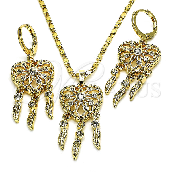 Juego de Arete y Dije de Adulto 10.196.0023.2 Oro Laminado, Diseño de Corazón y Flor, con Blanca Zirconia Cubica, Pulido, Tono Dorado