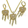 Juego de Arete y Dije de Adulto 10.196.0023.2 Oro Laminado, Diseño de Corazón y Flor, con Blanca Zirconia Cubica, Pulido, Tono Dorado
