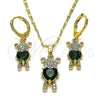 Juego de Arete y Dije de Adulto 10.196.0027 Oro Laminado, Diseño de Osito y Corazón, con Verde Zirconia Cubica and Blanca Micro Pave, Pulido, Tono Dorado