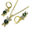 Juego de Arete y Dije de Adulto 10.196.0027 Oro Laminado, Diseño de Osito y Corazón, con Verde Zirconia Cubica and Blanca Micro Pave, Pulido, Tono Dorado