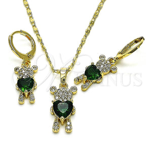 Juego de Arete y Dije de Adulto 10.196.0027 Oro Laminado, Diseño de Osito y Corazón, con Verde Zirconia Cubica and Blanca Micro Pave, Pulido, Tono Dorado