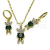 Juego de Arete y Dije de Adulto 10.196.0027 Oro Laminado, Diseño de Osito y Corazón, con Verde Zirconia Cubica and Blanca Micro Pave, Pulido, Tono Dorado